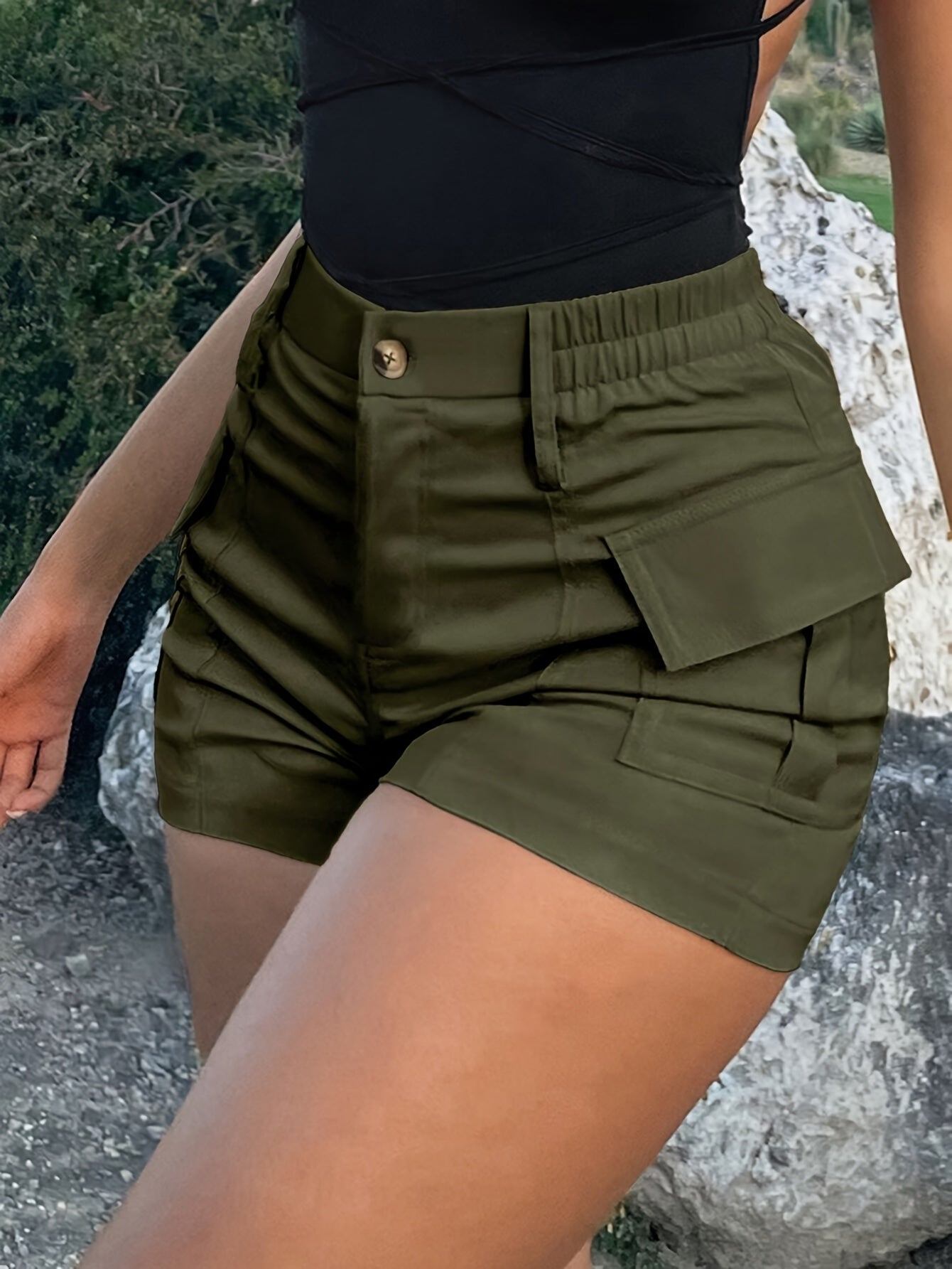 High Waist Flap Pocket Cargo Shorts