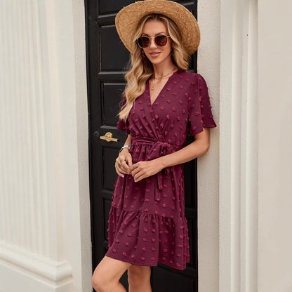 V-neck Waist Trimming Lace Up Dress