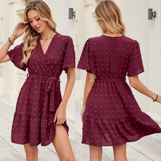 V-neck Waist Trimming Lace Up Dress