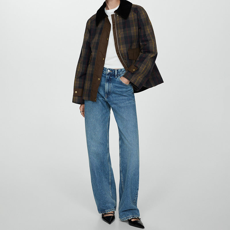 Plaid Fur Collar Cotton Coat