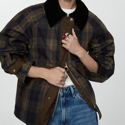 Plaid Fur Collar Cotton Coat